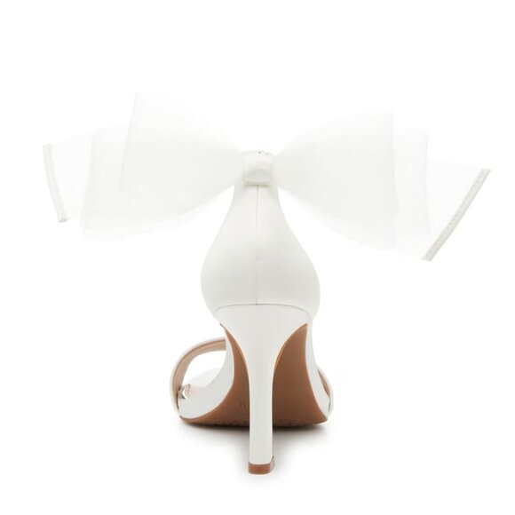 Kelly & Katie Nemira Sandal Bow Detail Ankle Wrap Strap White Satin Heels sz 6.5 - Picture 1 of 14